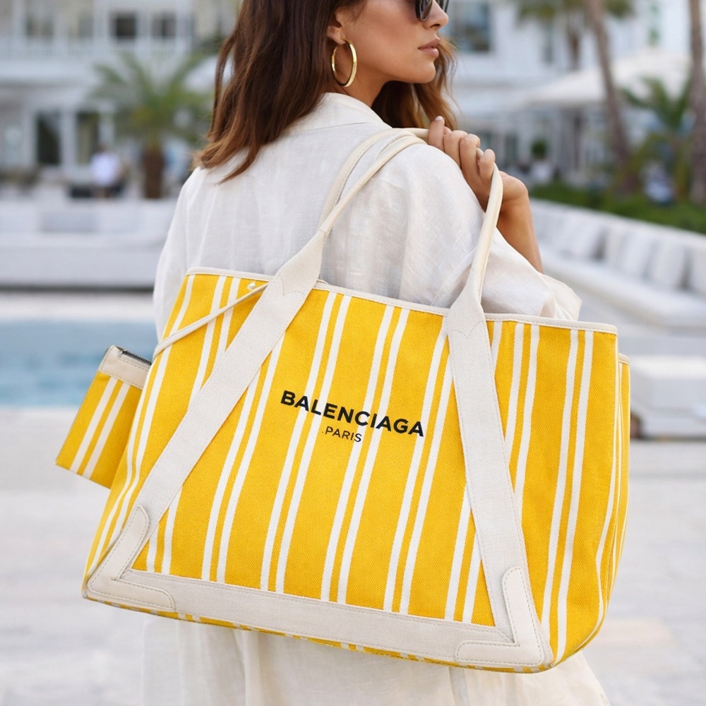 ✨ Balenciaga Paris Yellow Striped Canvas Tote w/ Pouch ✨